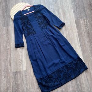 POETRY embroidered navy blue black linen midi dress lagenlook art to wear size 2